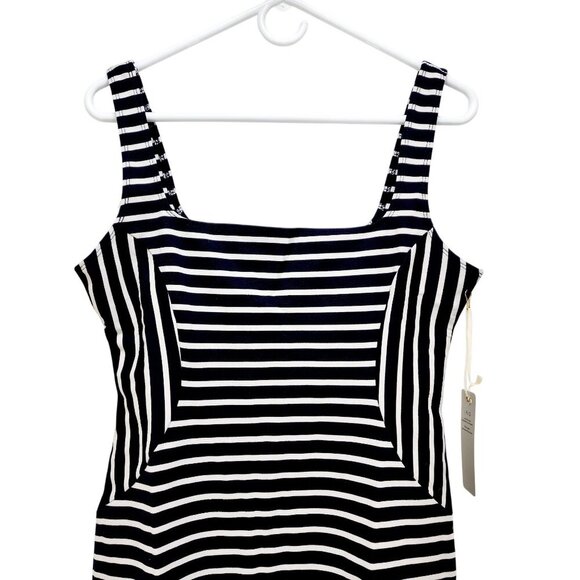 Striped Black & White Bodycon Dress - Square Neckline Sleeveless Stretchy Size L - Picture 8 of 9